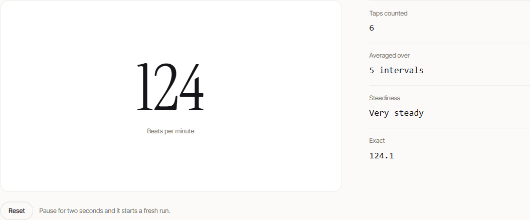 The tap pad reading 124 beats per minute